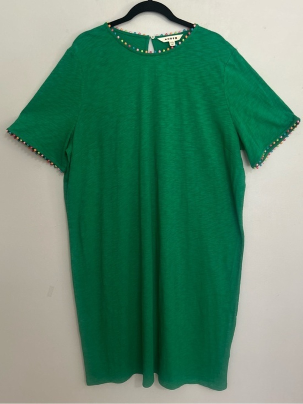 Boden Green Pom Pom Trim Shift Dress Cotton Plus Size 20 22 Boho Fun Whimsical